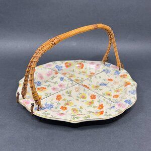 Vtg Erphila Cambridge Cheery Chintz Ceramic Divided Relish Dish Wicker Handle